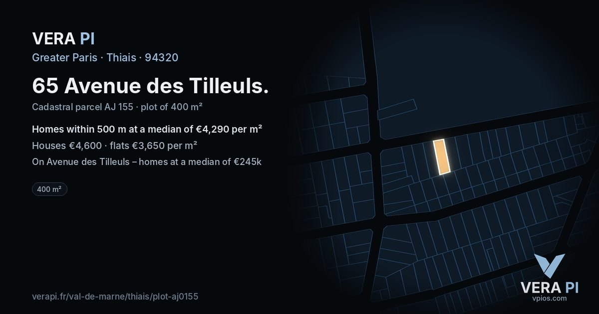 65 Avenue des Tilleuls, Thiais at night – the plot lit, the parcels around coloured by the prices near them