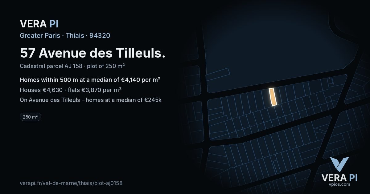 57 Avenue des Tilleuls, Thiais at night – the plot lit, the parcels around coloured by the prices near them