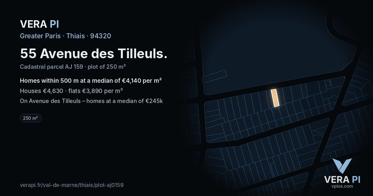55 Avenue des Tilleuls, Thiais at night – the plot lit, the parcels around coloured by the prices near them