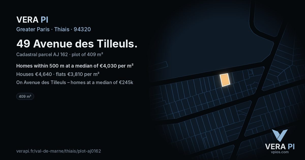 49 Avenue des Tilleuls, Thiais at night – the plot lit, the parcels around coloured by the prices near them