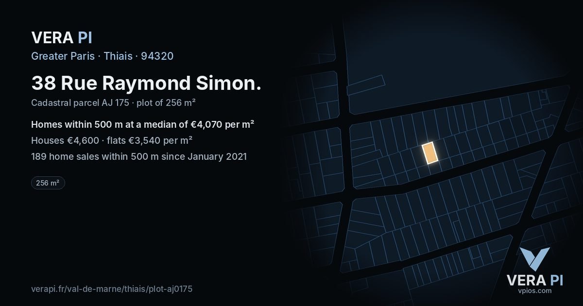 38 Rue Raymond Simon, Thiais at night – the plot lit, the parcels around coloured by the prices near them