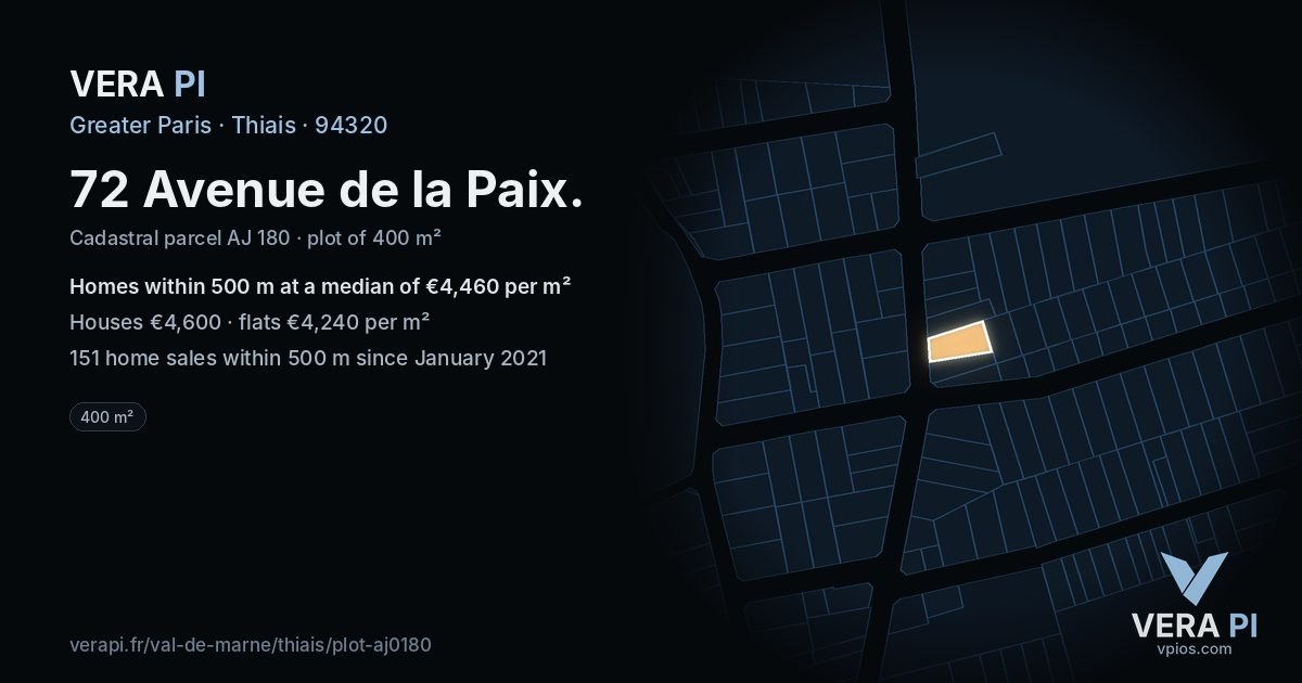 72 Avenue de la Paix, Thiais at night – the plot lit, the parcels around coloured by the prices near them