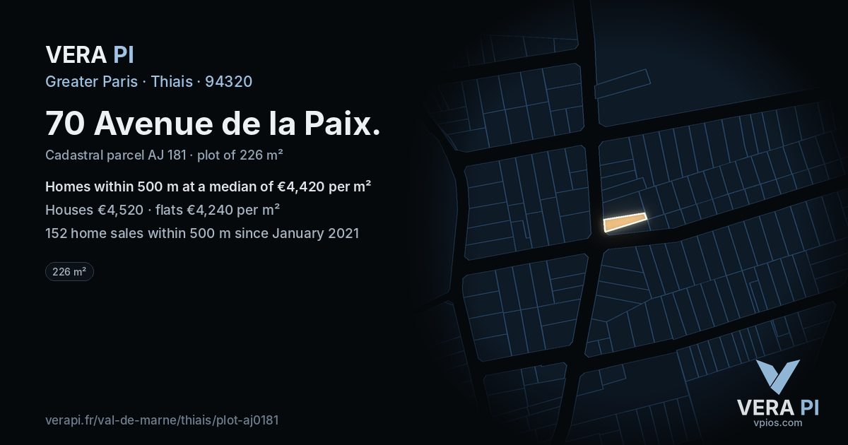 70 Avenue de la Paix, Thiais at night – the plot lit, the parcels around coloured by the prices near them