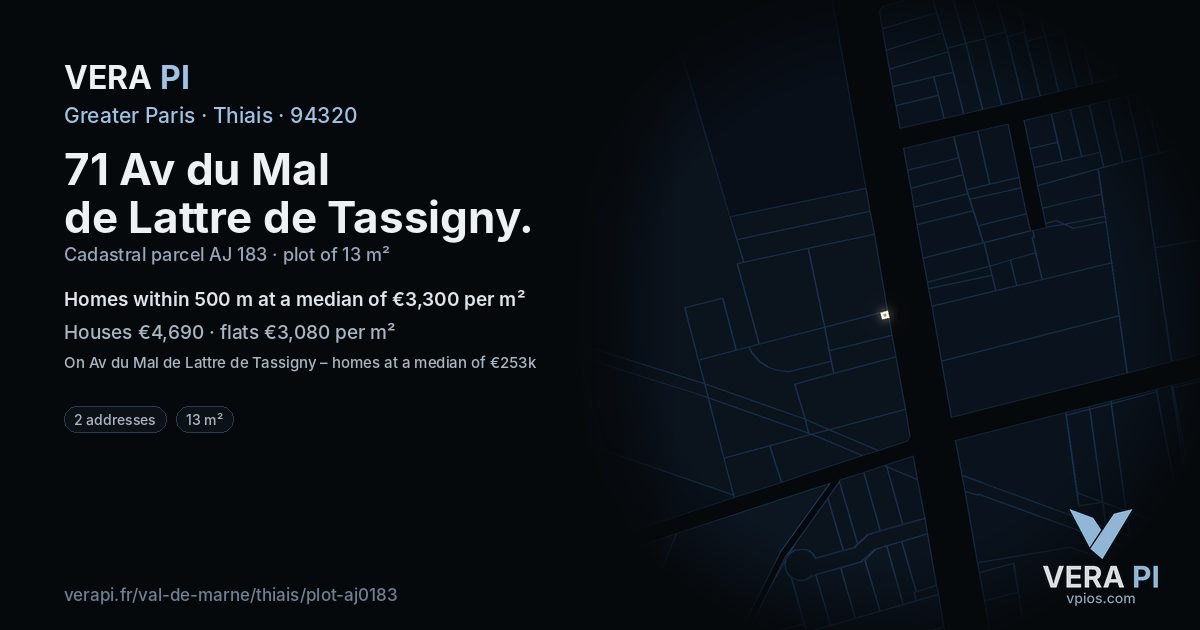 71 Av du Mal de Lattre de Tassigny, Thiais at night – the plot lit, the parcels around coloured by the prices near them