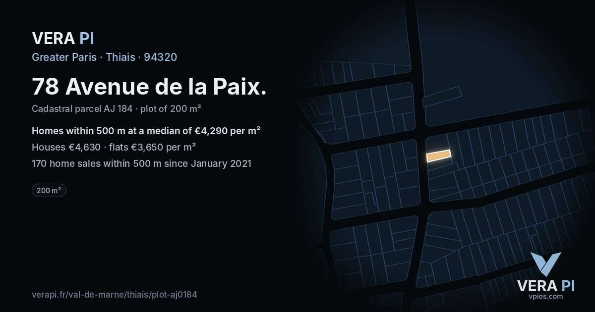 78 Avenue de la Paix, Thiais at night – the plot lit, the parcels around coloured by the prices near them