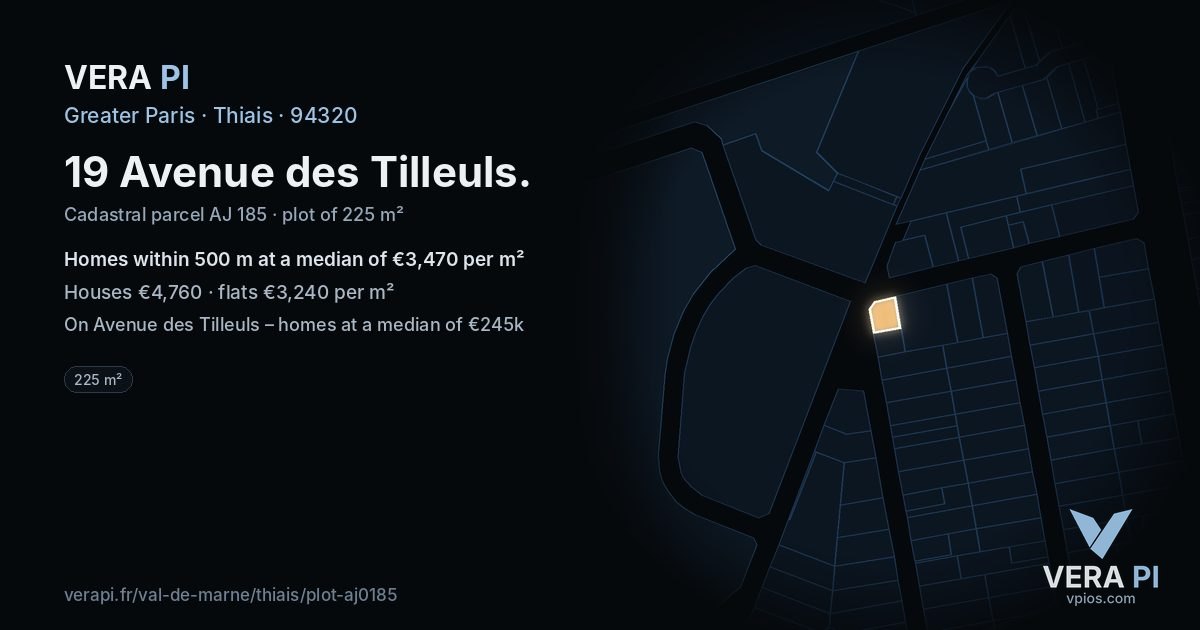 19 Avenue des Tilleuls, Thiais at night – the plot lit, the parcels around coloured by the prices near them