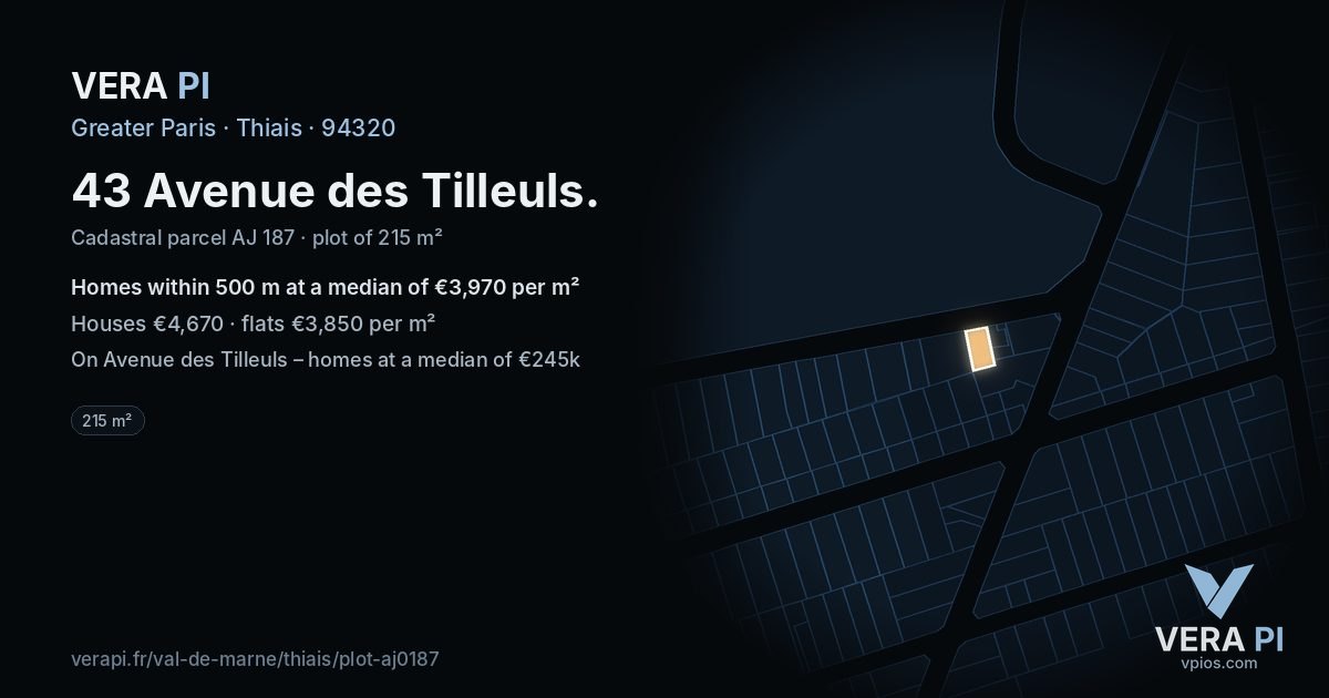 43 Avenue des Tilleuls, Thiais at night – the plot lit, the parcels around coloured by the prices near them