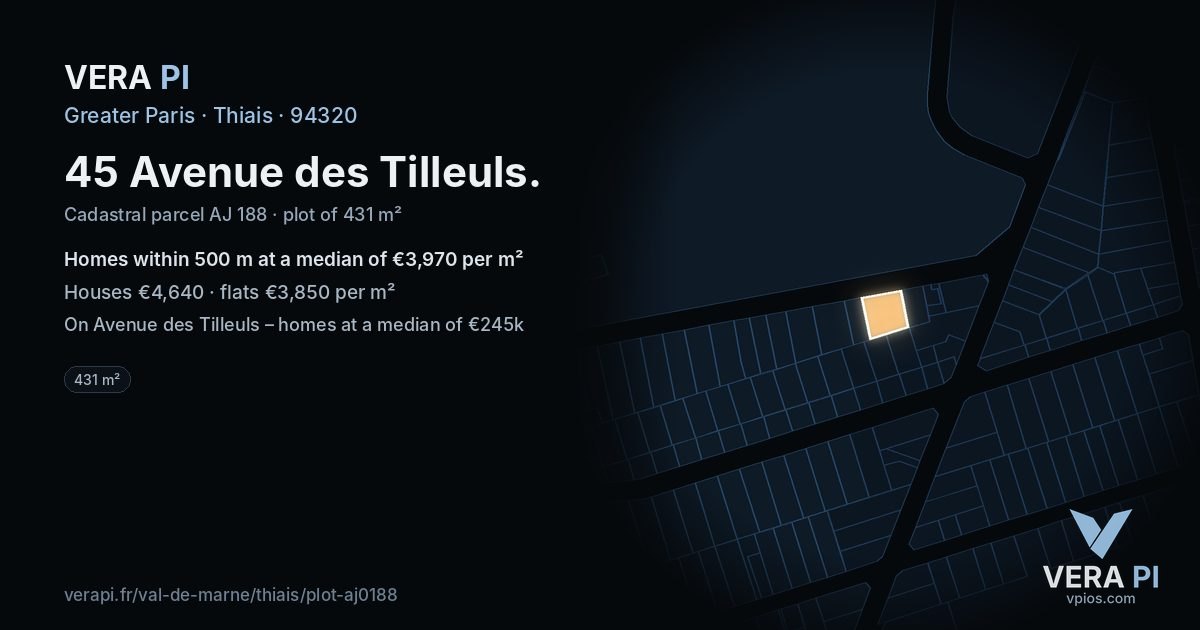 45 Avenue des Tilleuls, Thiais at night – the plot lit, the parcels around coloured by the prices near them