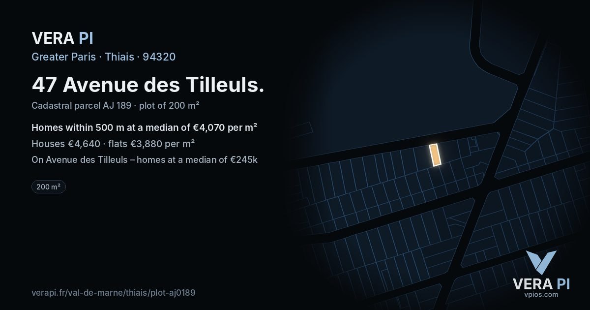 47 Avenue des Tilleuls, Thiais at night – the plot lit, the parcels around coloured by the prices near them