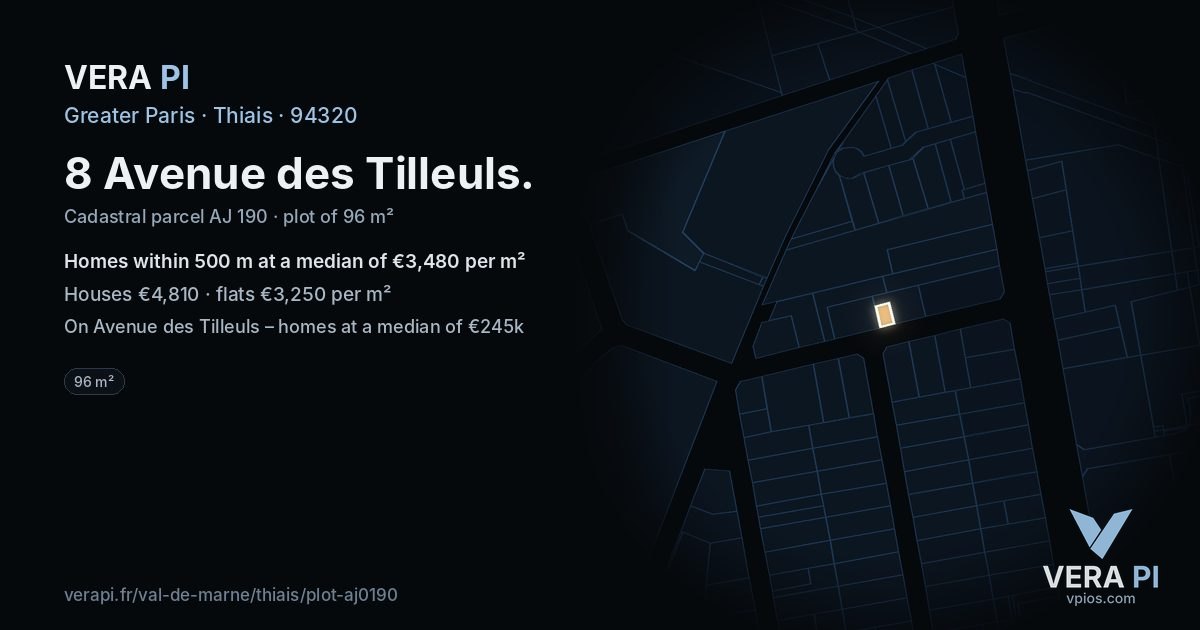 8 Avenue des Tilleuls, Thiais at night – the plot lit, the parcels around coloured by the prices near them