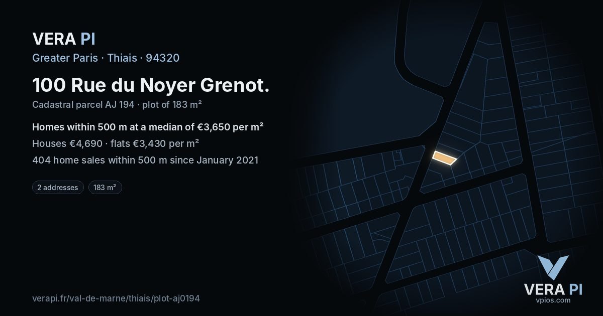 100 Rue du Noyer Grenot, Thiais at night – the plot lit, the parcels around coloured by the prices near them