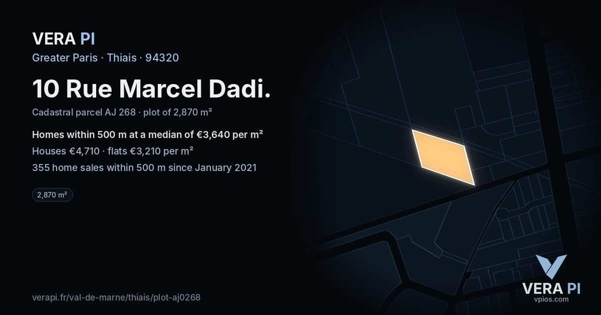 10 Rue Marcel Dadi, Thiais at night – the plot lit, the parcels around coloured by the prices near them