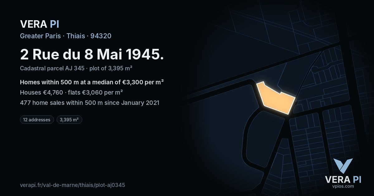 2 Rue du 8 Mai 1945, Thiais at night – the plot lit, the parcels around coloured by the prices near them