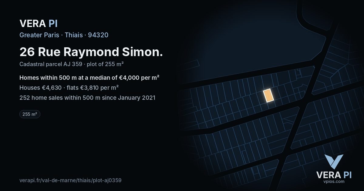 26 Rue Raymond Simon, Thiais at night – the plot lit, the parcels around coloured by the prices near them