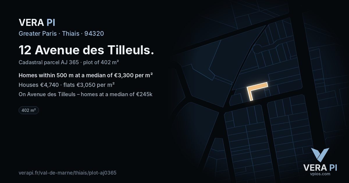 12 Avenue des Tilleuls, Thiais at night – the plot lit, the parcels around coloured by the prices near them