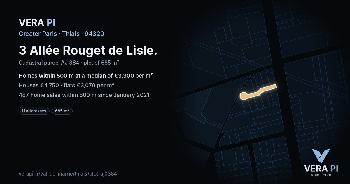 3 Allée Rouget de Lisle, Thiais at night – the plot lit, the parcels around coloured by the prices near them