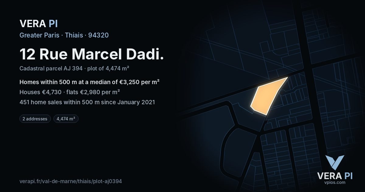 12 Rue Marcel Dadi, Thiais at night – the plot lit, the parcels around coloured by the prices near them