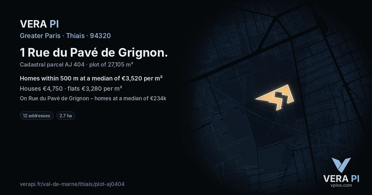 1 Rue du Pavé de Grignon, Thiais at night – the plot lit, the parcels around coloured by the prices near them