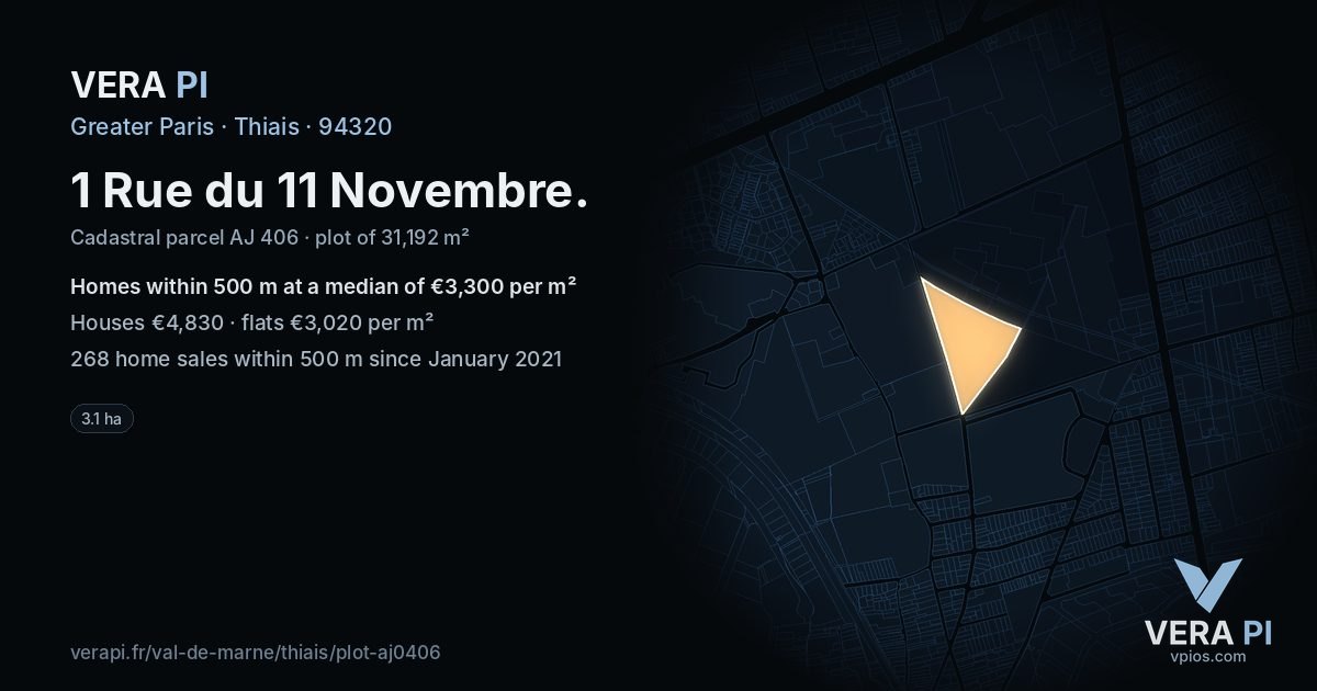 1 Rue du 11 Novembre, Thiais at night – the plot lit, the parcels around coloured by the prices near them