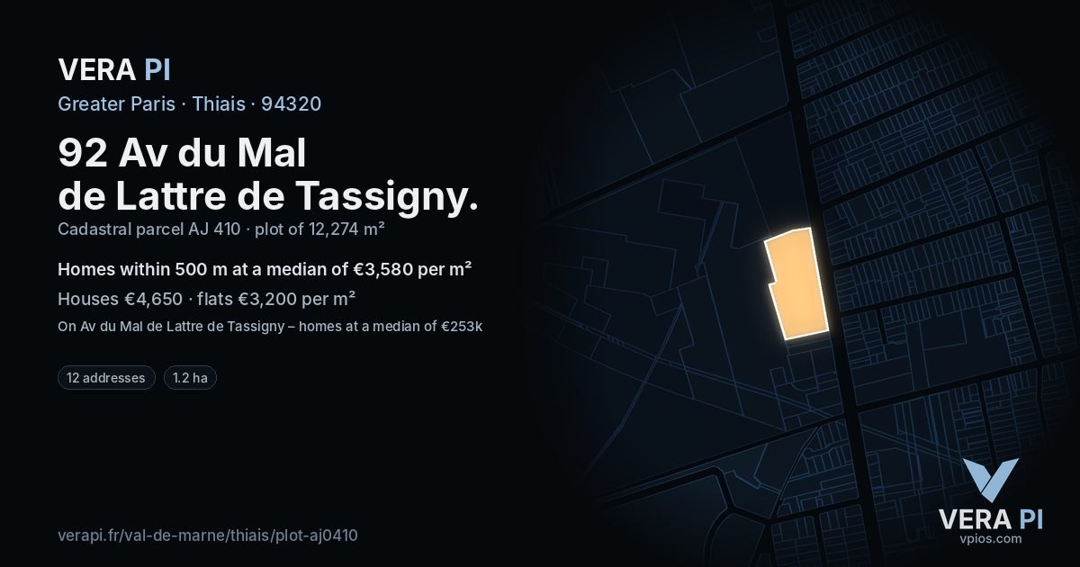 92 Av du Mal de Lattre de Tassigny, Thiais at night – the plot lit, the parcels around coloured by the prices near them