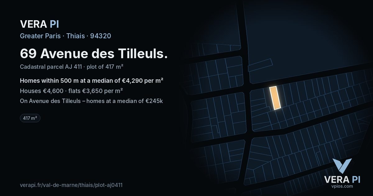 69 Avenue des Tilleuls, Thiais at night – the plot lit, the parcels around coloured by the prices near them