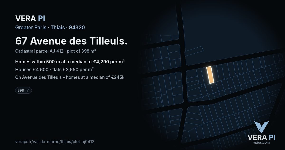 67 Avenue des Tilleuls, Thiais at night – the plot lit, the parcels around coloured by the prices near them