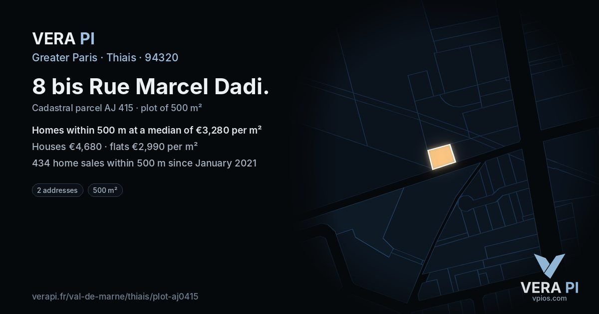 8 bis Rue Marcel Dadi, Thiais at night – the plot lit, the parcels around coloured by the prices near them