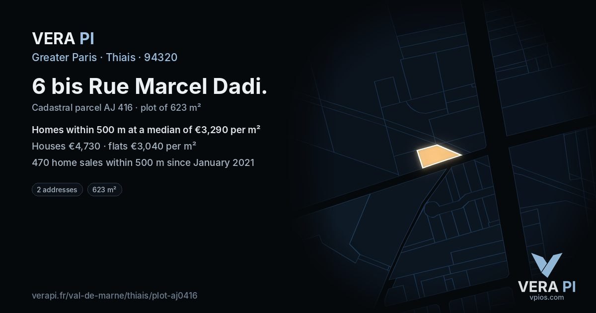 6 bis Rue Marcel Dadi, Thiais at night – the plot lit, the parcels around coloured by the prices near them