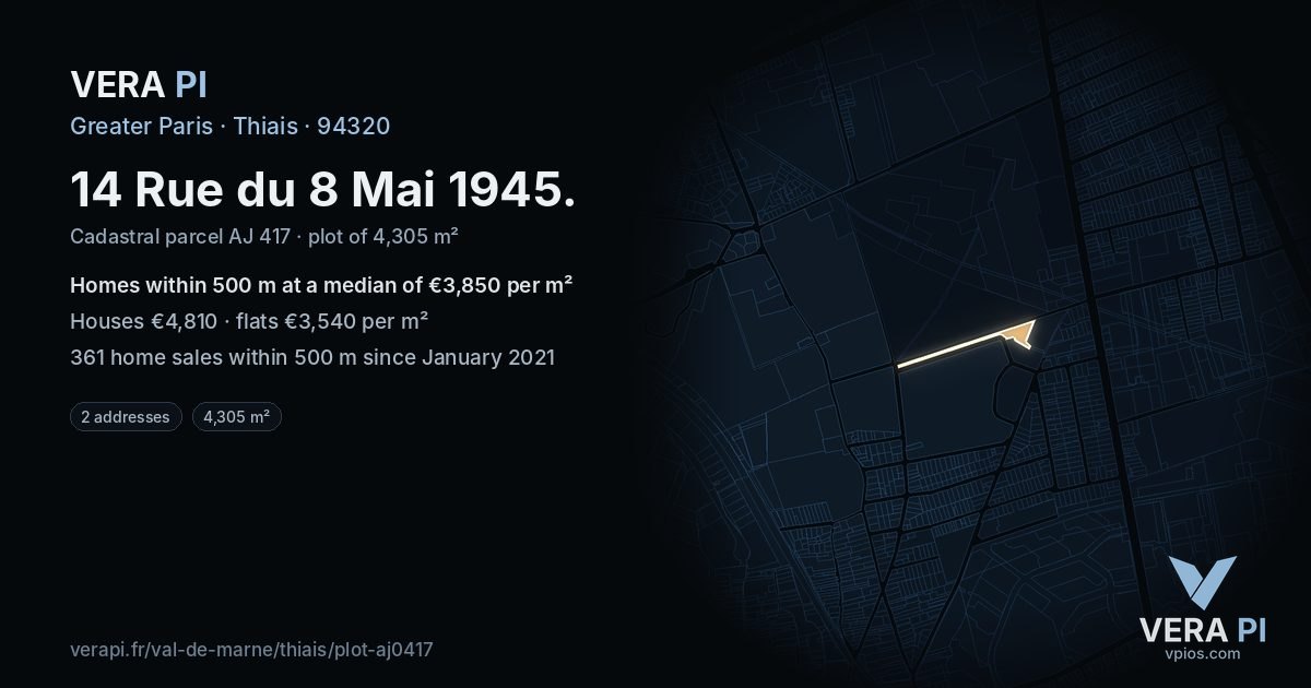 14 Rue du 8 Mai 1945, Thiais at night – the plot lit, the parcels around coloured by the prices near them