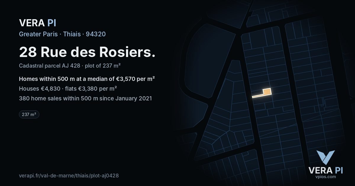 28 Rue des Rosiers, Thiais at night – the plot lit, the parcels around coloured by the prices near them