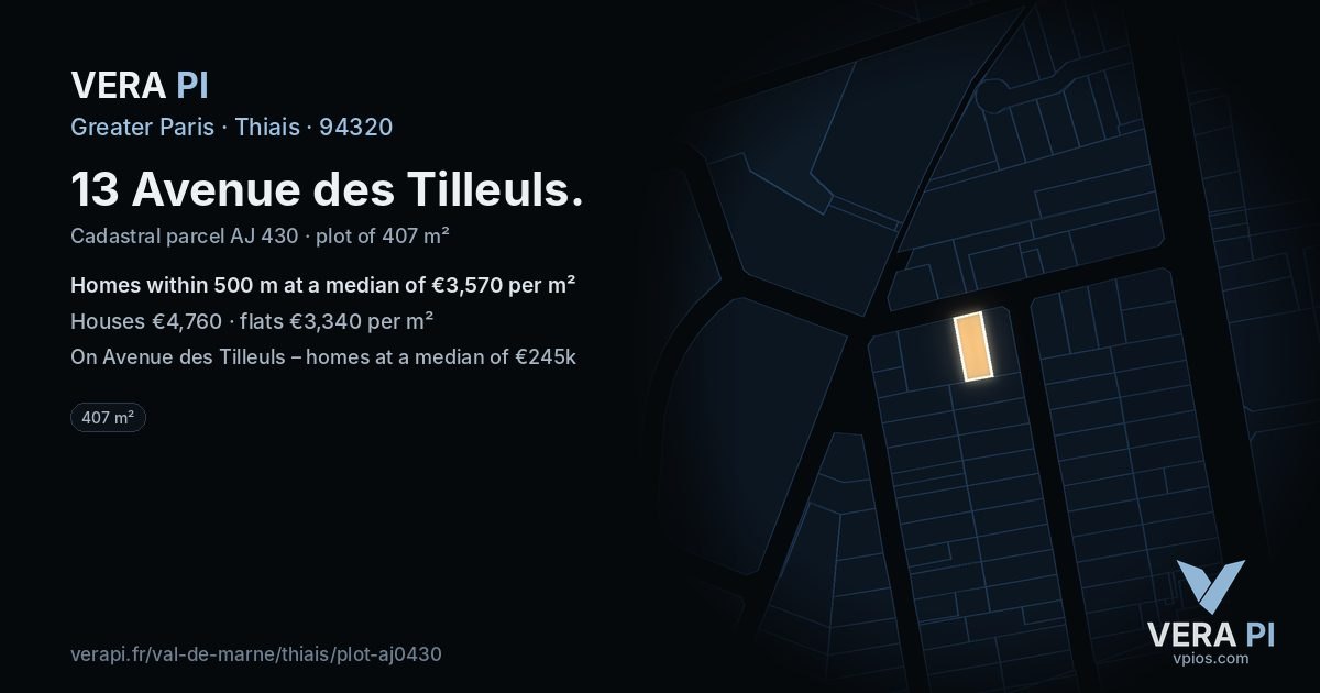 13 Avenue des Tilleuls, Thiais at night – the plot lit, the parcels around coloured by the prices near them