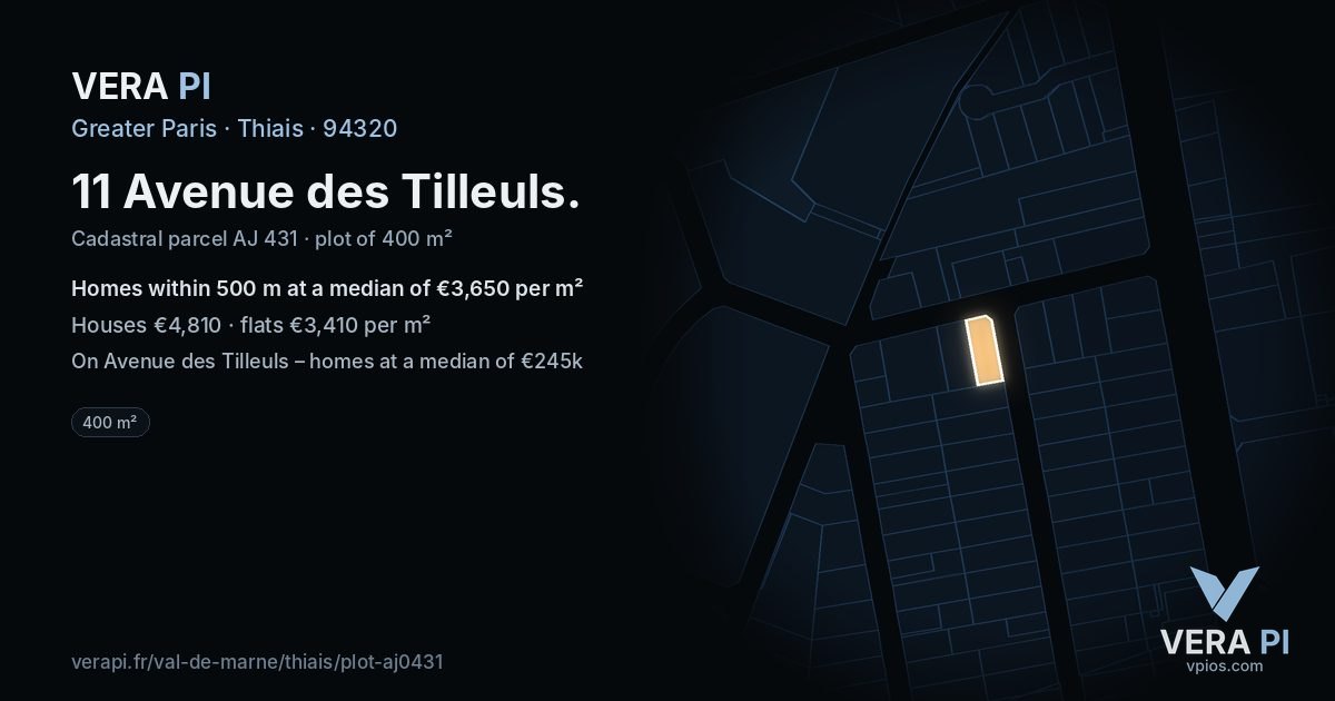 11 Avenue des Tilleuls, Thiais at night – the plot lit, the parcels around coloured by the prices near them