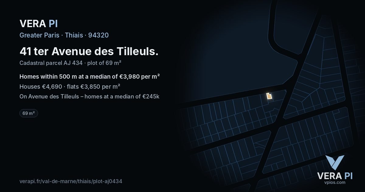 41 ter Avenue des Tilleuls, Thiais at night – the plot lit, the parcels around coloured by the prices near them