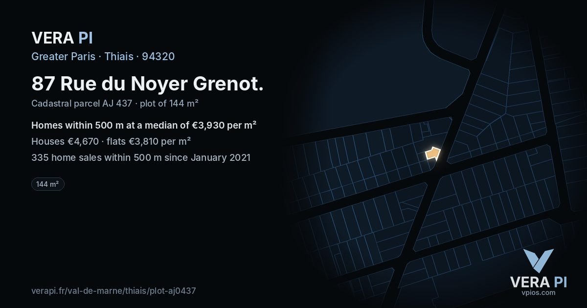 87 Rue du Noyer Grenot, Thiais at night – the plot lit, the parcels around coloured by the prices near them