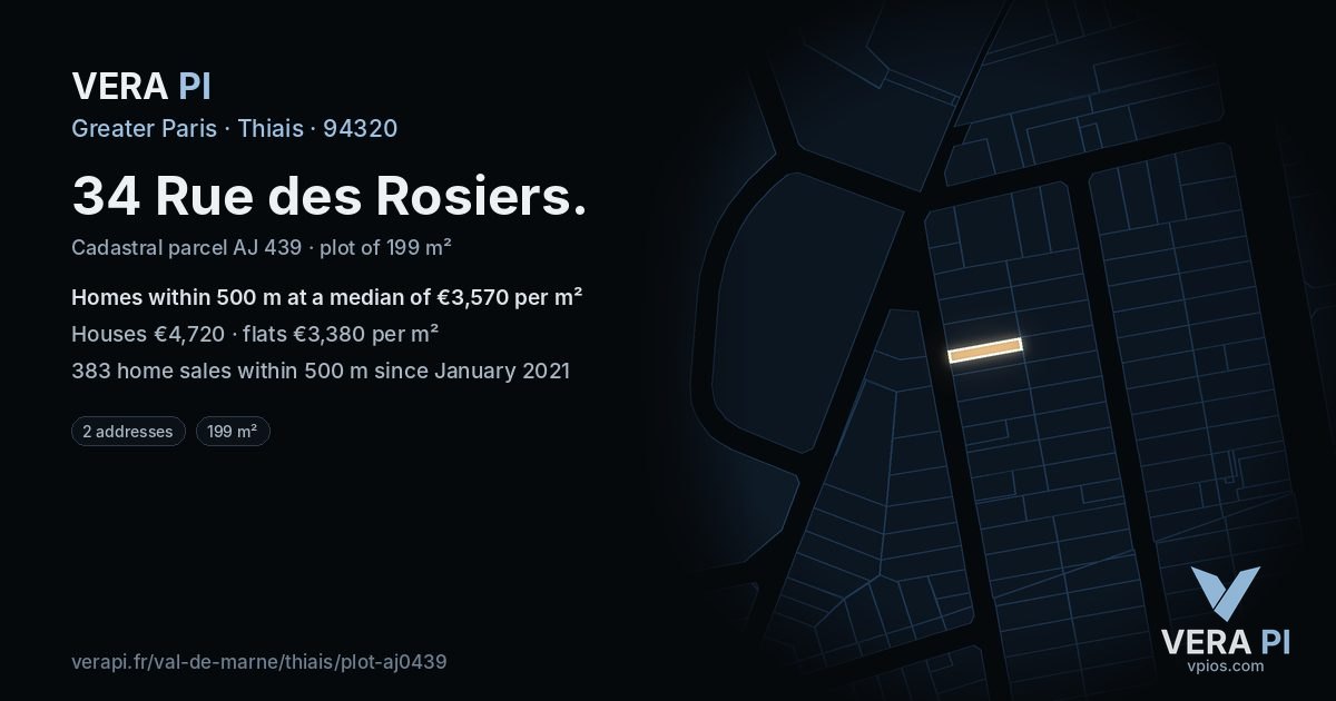 34 Rue des Rosiers, Thiais at night – the plot lit, the parcels around coloured by the prices near them