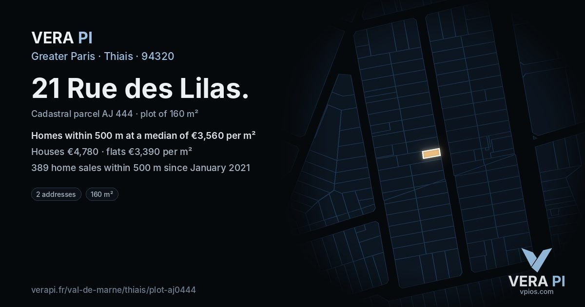 21 Rue des Lilas, Thiais at night – the plot lit, the parcels around coloured by the prices near them