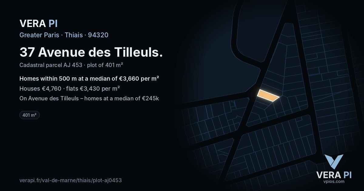 37 Avenue des Tilleuls, Thiais at night – the plot lit, the parcels around coloured by the prices near them