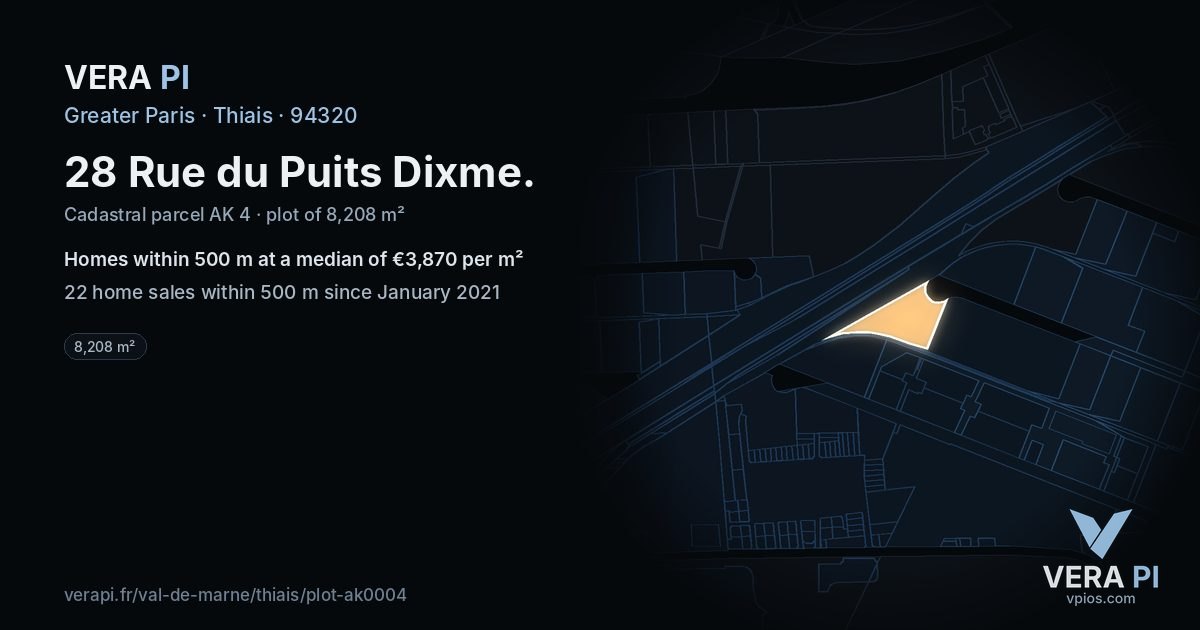28 Rue du Puits Dixme, Thiais at night – the plot lit, the parcels around coloured by the prices near them