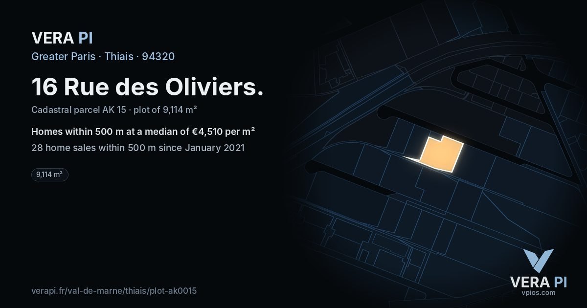 16 Rue des Oliviers, Thiais at night – the plot lit, the parcels around coloured by the prices near them