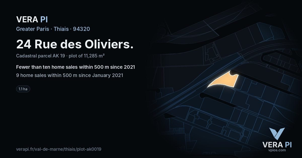 24 Rue des Oliviers, Thiais at night – the plot lit, the parcels around coloured by the prices near them