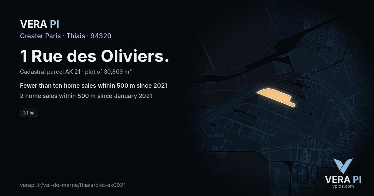 1 Rue des Oliviers, Thiais at night – the plot lit, the parcels around coloured by the prices near them