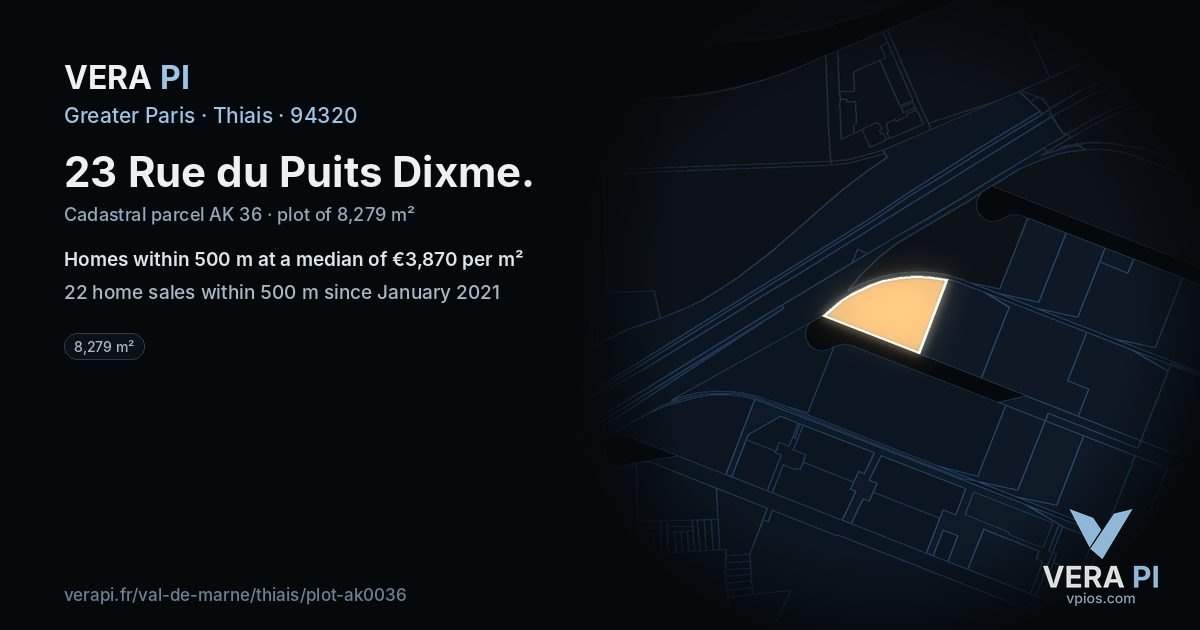 23 Rue du Puits Dixme, Thiais at night – the plot lit, the parcels around coloured by the prices near them