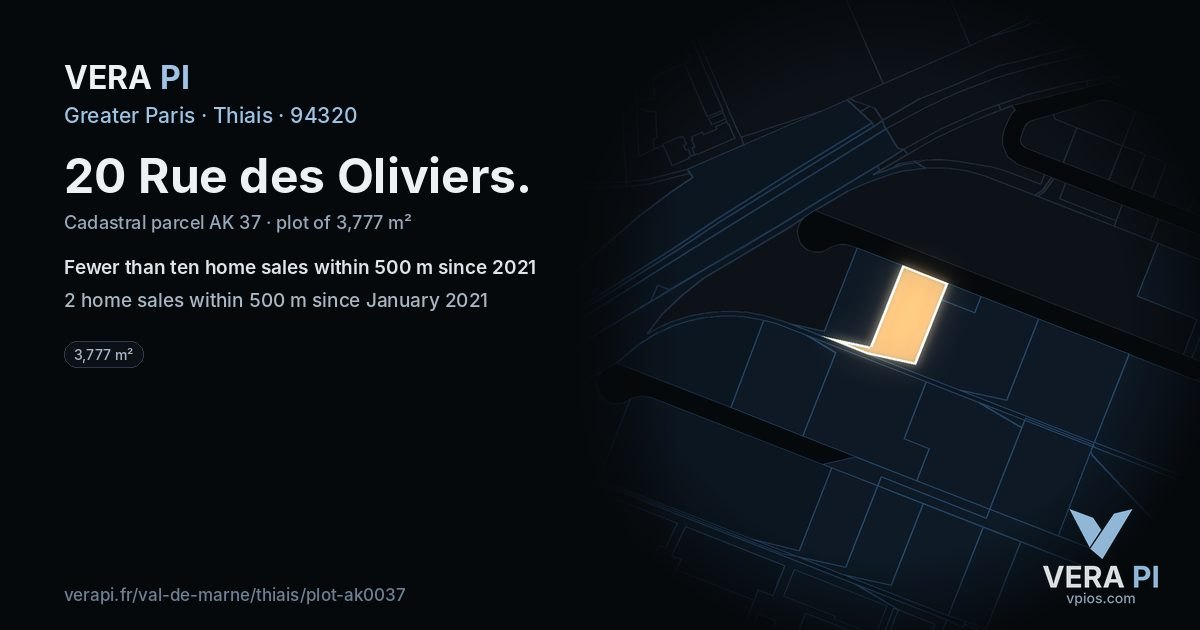 20 Rue des Oliviers, Thiais at night – the plot lit, the parcels around coloured by the prices near them