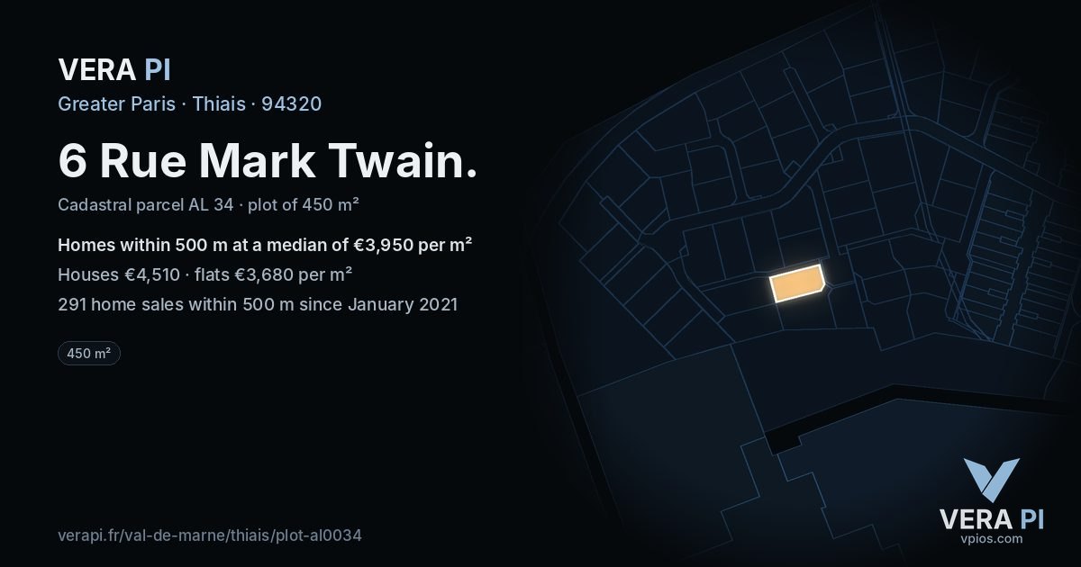 6 Rue Mark Twain, Thiais at night – the plot lit, the parcels around coloured by the prices near them