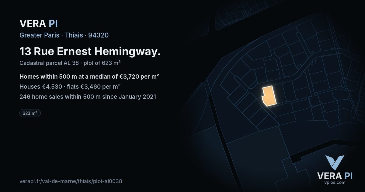 13 Rue Ernest Hemingway, Thiais at night – the plot lit, the parcels around coloured by the prices near them