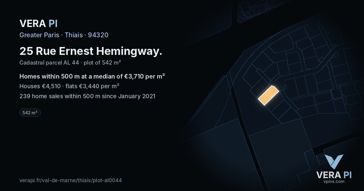 25 Rue Ernest Hemingway, Thiais at night – the plot lit, the parcels around coloured by the prices near them