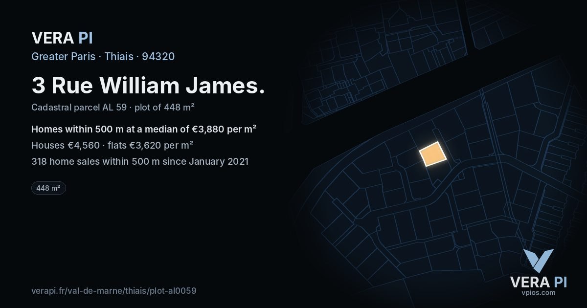 3 Rue William James, Thiais at night – the plot lit, the parcels around coloured by the prices near them