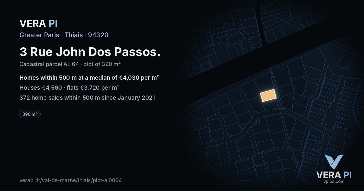 3 Rue John Dos Passos, Thiais at night – the plot lit, the parcels around coloured by the prices near them