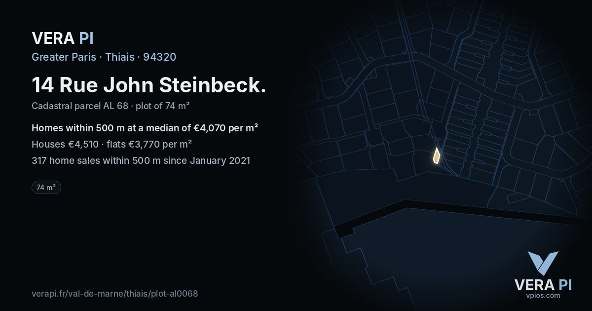 14 Rue John Steinbeck, Thiais at night – the plot lit, the parcels around coloured by the prices near them