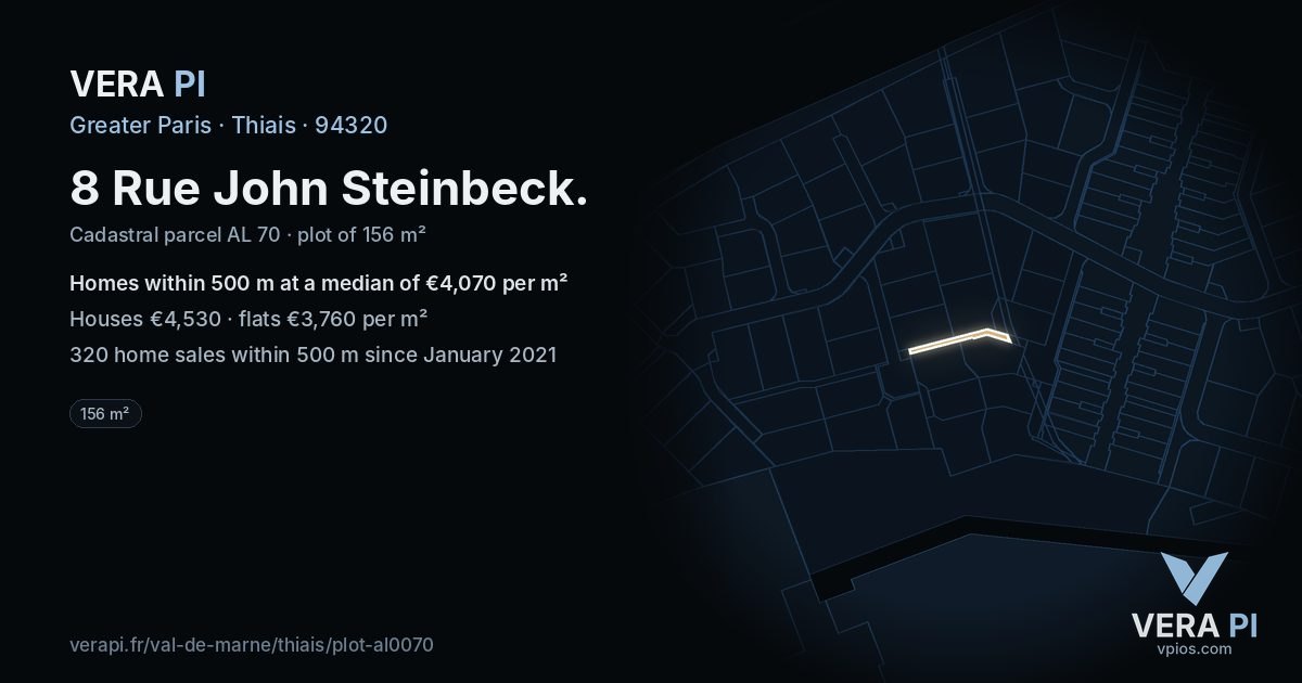 8 Rue John Steinbeck, Thiais at night – the plot lit, the parcels around coloured by the prices near them